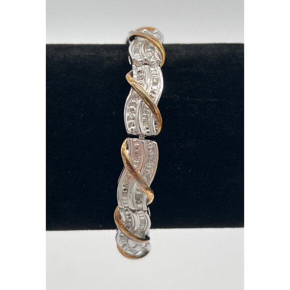 Gold & Silver Tone Bracelet W/ Cubic Zirconia Accents 7 Inches Elegant Design Se - Picture 1 of 5